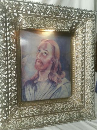 Vintage 3d Hologram Picture Of Jesus/last Supper Metal Frame Light - Up Religious