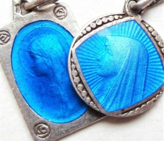 2 Fabulous Antique Silver & Blue Enamel Medal Pendants To Holy Mary