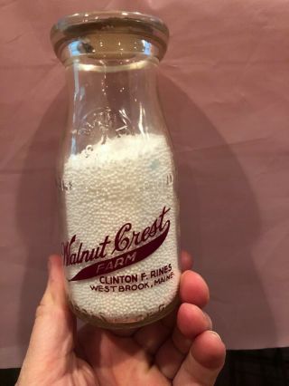 Vintage Round Half Pint Milk Bottle - Walnut Crest Farm Westbrook Maine Pyro