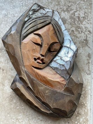 Vintage Primitive Hand Carved Wood Carving Madonna Mary Sculpture Art