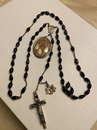 Vintage Antique Prayer Beads Rosary Necklace Virgin Mary & Crucifix Pendant 1932