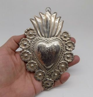 Antique Sacred Heart Jesus Ex Voto Miracle 9.  4 Grams Sterling Silver A - 14