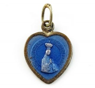 Our Lady Of Fatima Medal Vintage Blue Enamel Heart Shaped Pendant Spanish