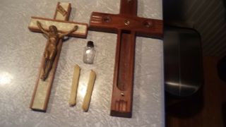 Vintage Crucifix Cross Wood Inlaid Mother Of Pearl Mop Last Rites Sliding Top