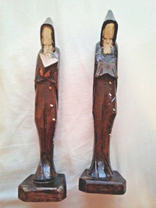 2 Solid Wood Hand Carved Catholic Monk Figurines Reading The Bible Folk Art