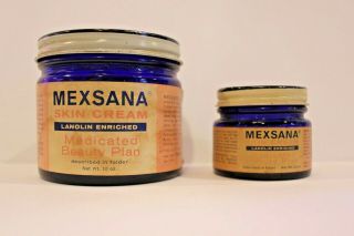 Two Vintage Mexsana Skin Cream Cobalt Jars 10 Oz & 2 1/4 Oz With Labels/lids