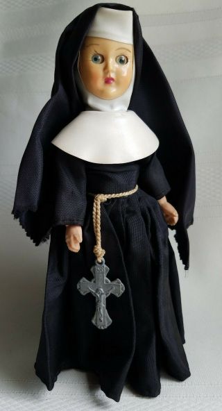 Vintage Nun Sister Doll Black Habit Catholic With Cross 8 " Tall Plastic Body