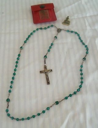 Vintage Sterling Silver And Green Crystal Rosary In Case Plus Fatima Statue