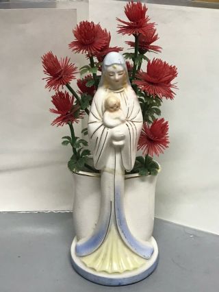 Vintage Ceramic Madonna Mother Mary Jesus 8 " Religious Figurine Planter