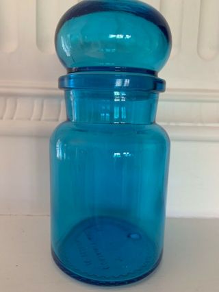 Vintage Aqua Blue Glass Apothecary Jar W/bubble Top Made In Belgium
