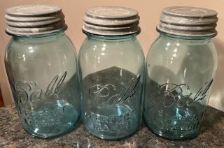 Vintage Ball Perfect Mason Quart Blue Canning Jars (3) 1,  2,  4 W/ Zinc Lids