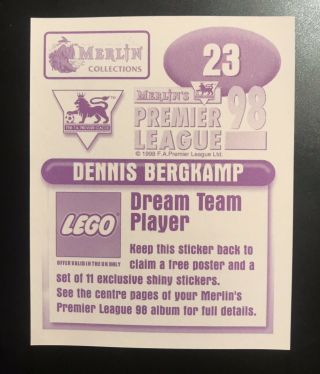 Dennis Bergkamp 23 Arsenal Merlin premier league football 1997 - 1998 Panini 2