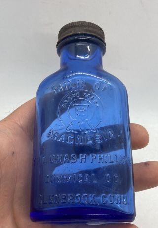 Rare Hazel Atlas Cobalt Blue Glass Milk Of Magnesia Medicine Bottle 5” Tall