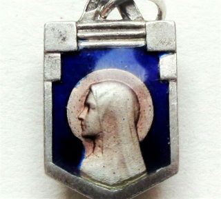 Stunning Solid Silver Enameled Art Deco Antique Medal Pendant To Holy Mary