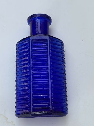 B107) Ki - 2 Antique Cobalt Blue Poison Bottle Ribbed 1 Ounce 3 3/8” Tall
