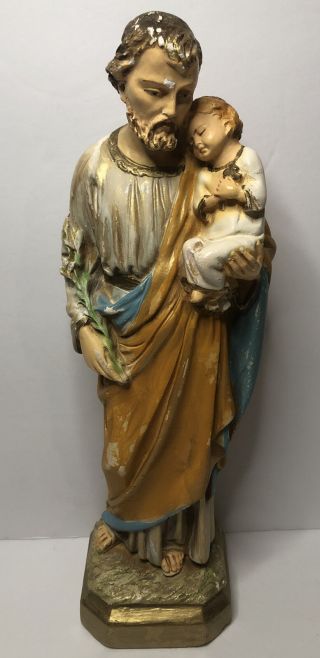 Vintage St.  Joseph W/ Baby Jesus Chalkware Religious Statue 12 " Tall Christmas