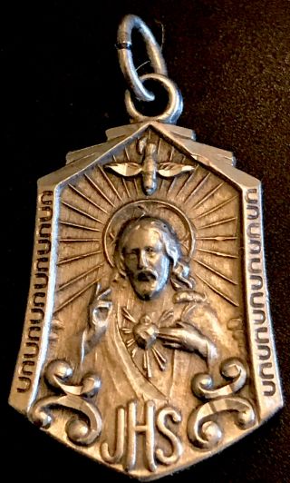 Vintage Catholic Sterling Silver Sacred Heart Of Jesus Holy Spirit Medal