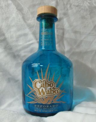 Empty Blue Cabo Wabo Reposado Tequila Bottle Agave Front Cork Lid 750ml
