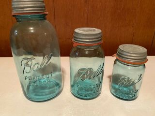 Vintage Ball Perfect Mason Jars Aqua Blue 1/2 Gallon,  Quart,  Pint With Zinc Lids