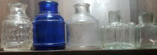 5 Rare 19th Century Civil War Era INK Bottles Aqua Blue Ink 1850 Ribbed Ink NR 2