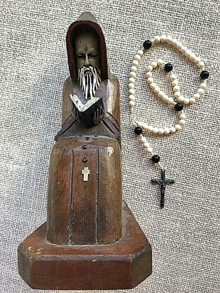 Carved Wood Monk Priest Figurine Reading Bible Christian Folk Art Vintage Rosary