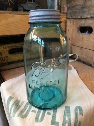 Vintage Blue Ball Perfect Mason Canning Fruit Jar Half - Gallon W/zinc Lid