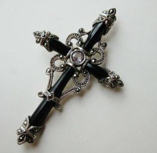 Fine Vintage Sterling Silver Enamel Jeweled Cross Necklace Pendant
