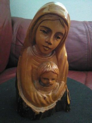 Wooden Carved Virgin Mary & Child Jesus Statue Folk Art Sculpture 6 1/3”