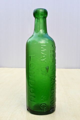VINTAGE c1900s MAY DAVIES LONDON SODA WATER KEEP LAYING DOWN GREEN GLASS BOTTLE 2