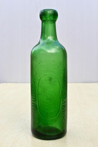 VINTAGE c1900s MAY DAVIES LONDON SODA WATER KEEP LAYING DOWN GREEN GLASS BOTTLE 3