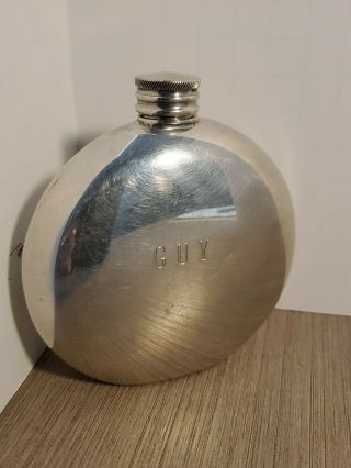 Vintage English Pewter 7 Oz Flask Made in England Engraved GUY 3