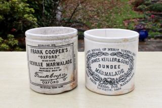 Vintage Primitive C1900s 1lb James Keiller & Frank Cooper Marmalade Pots Or Jars