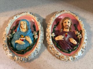 Vintage Religious Virgin Mother Mary & Jesus Chalk Plaster Wall Plaques Set Of 2