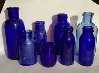 8 Vintage Cobalt Blue;milk Of Magnesia Bottles Phillips Bromo Seltzer & More