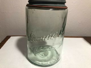 Vintage Standard Mason In Banner Pint Fruit Jar - Aqua.  4 On Bottom.  Bubbles
