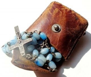 ANCIENT BLUE OPALINE BEADS ROSARY TO OUR LADY OF BEAURAING IN ITS LEATHER BAG 3
