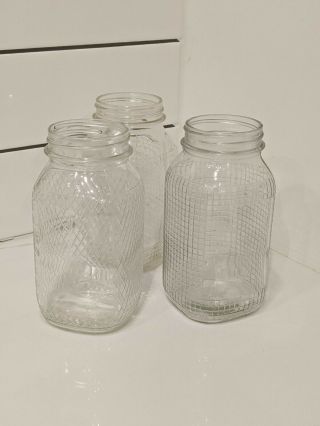 Set Of 3 Vintage Quart Glass Mason Jar With Waffle & Diamond Grid Pattern