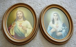 Sacred Heart Jesus & Mary Pair Oval Framed Prints 1954 Vintage 9 - 5/8 " X 7 - 5/8 "
