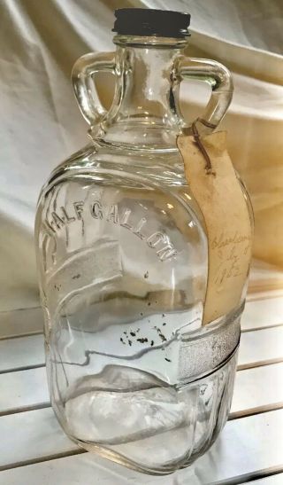 Vintage Double Finger Loop Clear Glass Half Gallon Jug Carboy W/ Cap & Wine Tag