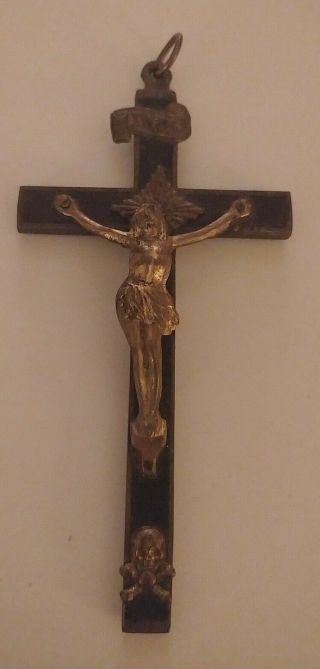 Vintage 4 1/2 " Ebony Wood And Brass Crucifix Pendant Rosary Skull & Cross Bones