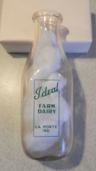 Ideal Farm Dairy La Porte,  Ind In Indiana Square Quart Pyroglazed Milk Bottle