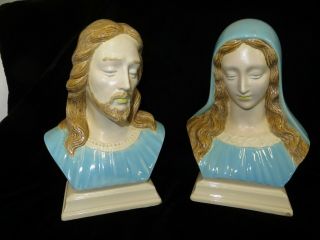 Vintage Holland Mold Jesus & Virgin Mary Painted Ceramic Bust Figurines