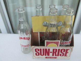 Vintage 6 - Pack Sun - Rise Beverages 10 Oz Clear Glass Soda Bottles & Paper Holder