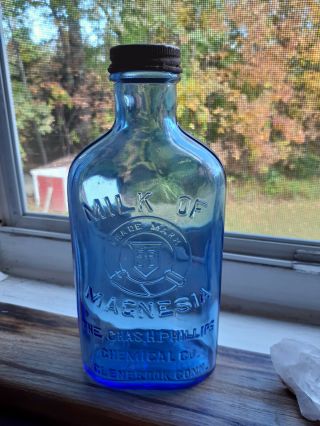 Vintage Cobalt Blue Milk Of Magnesia Bottle With Cap