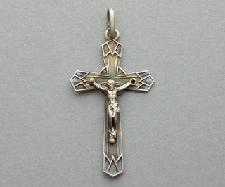 French,  Antique Religious Sterling Pendant.  Silver Cross.  Jesus Christ Medal.