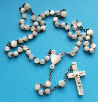 Antique French Handcarved Mother Of Pearl Rosary - Round Beads