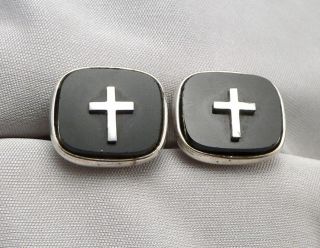 Vintage Creed Sterling Silver Black Glass Cross Cufflinks 10.  2 Grams Religious