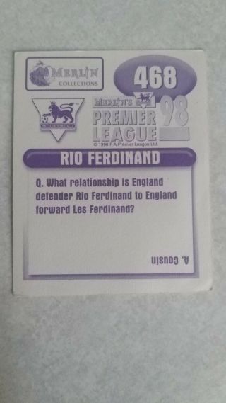 Rio Ferdinand Rookie Merlin Premier League Football Sticker 1998 468 2