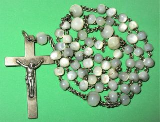 Antique Religious Catholic Mother Of Pearl Beads Rosary Silver Tone Crucifix