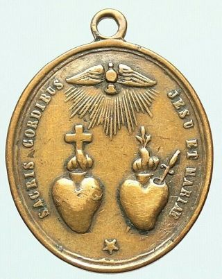 Antique Bronze Religious Art Pendant Saint Anne & The Sacred Hearts Jesus & Mary